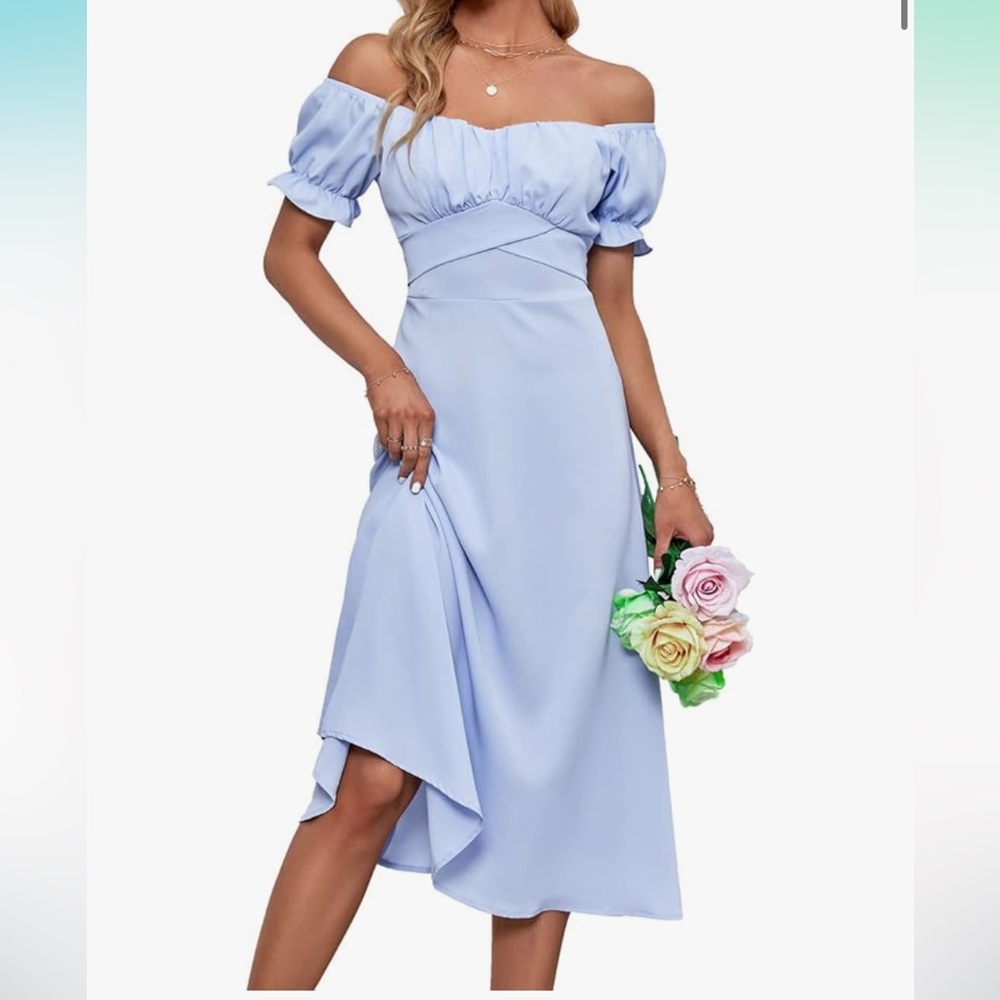 Off-Shoulder Light Blue Midi Dress